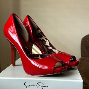 Jessica Simpson Red Patent Peep-Toe Stilettos